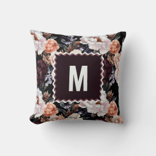Dark Peonies Floral Pattern Monogram Throw Pillow