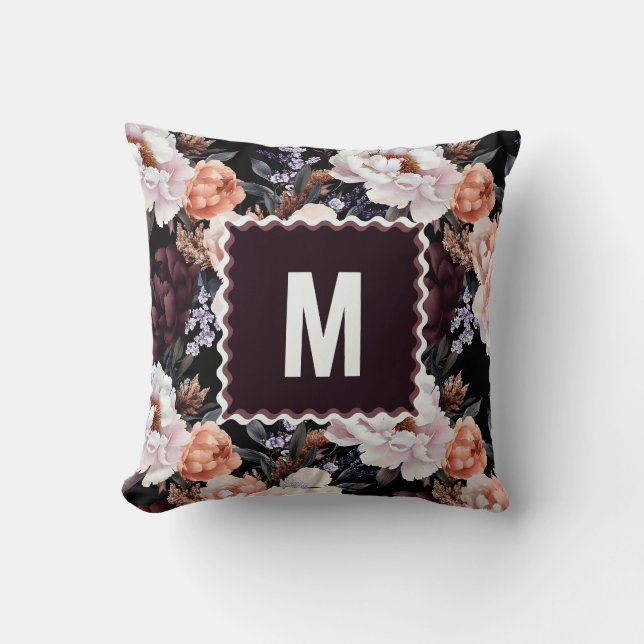 Dark Peonies Floral Pattern | Monogram Throw Pillow (Front)