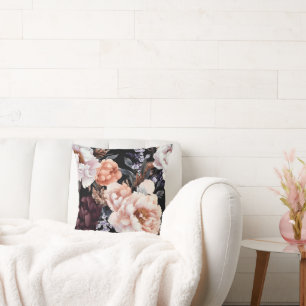 Dark Peonies Floral Pattern Throw Pillow