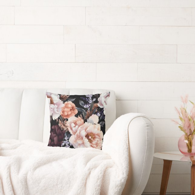 Dark Peonies Floral Pattern Throw Pillow (Couch)