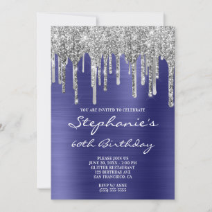Dark Periwinkle Foil Silver Drip Glitter Birthday Invitation