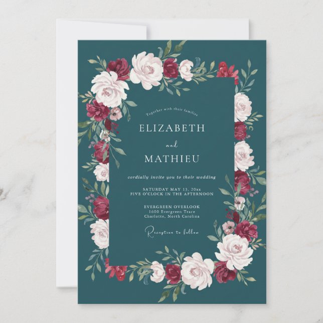 Dark Petrol Ranunculus Eucalyptus Wedding Invitation (Front)