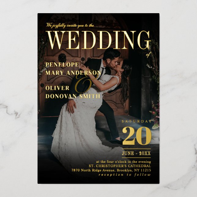 Dark Photo Editorial Magazine Elegant Wedding Gold Foil Invitation (Front)