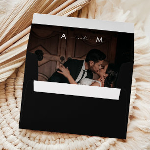 Dark Photo & Elegant Monogram Black Wedding Envelope