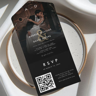 Dark Photo Gold Ampersand QR Code Black Wedding All In One Invitation