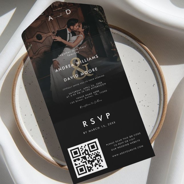Dark Photo Gold Ampersand QR Code Black Wedding All In One Invitation (Creator Uploaded)