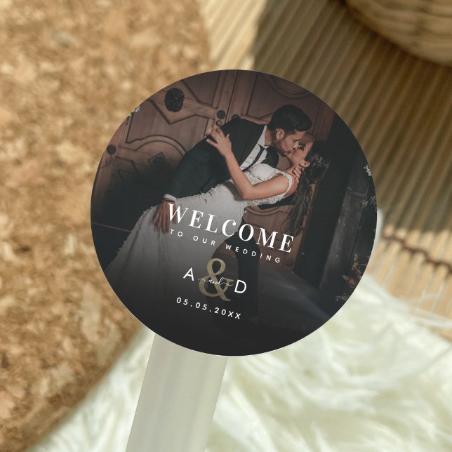 Dark Photo Gold Ampersand Wedding Welcome Favor Classic Round Sticker (Creator Uploaded)