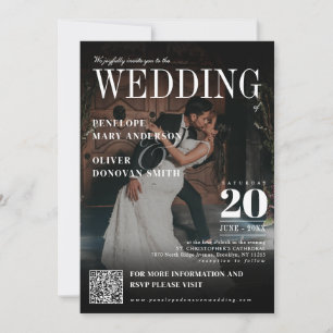 Dark Photo Magazine QR Code Elegant Boho Wedding Invitation
