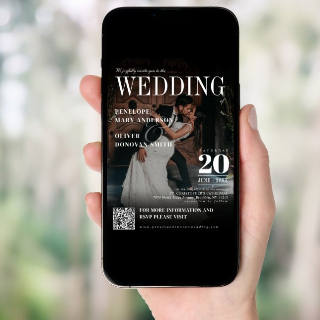Dark Photo Magazine QR Code Elegant Boho Wedding Invitation (Front Digital)