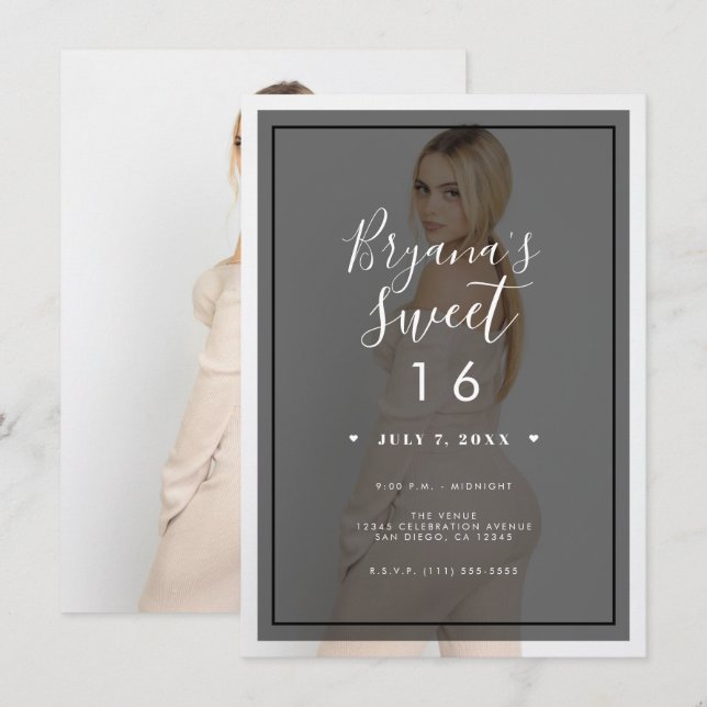 Dark Photo Tint Overlay 2 Modern Minimal Sweet 16 Invitation (Front/Back)