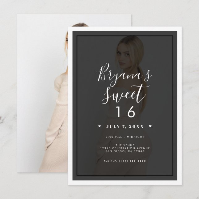 Dark Photo Tint Overlay Border Modern Sweet 16 Invitation (Front/Back)