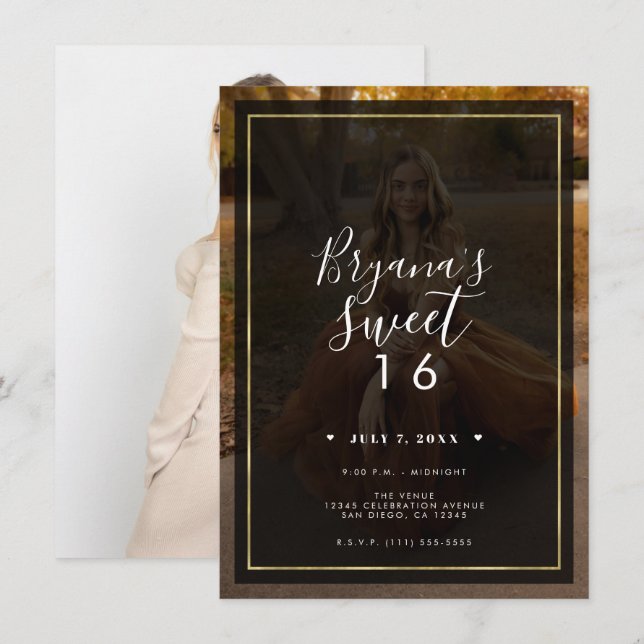 Dark Photo Tint Overlay Gold Modern Sweet 16 Invitation (Front/Back)
