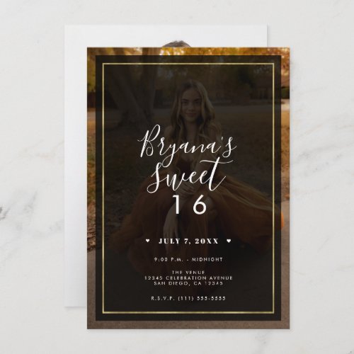 Dark Photo Tint Overlay Gold Modern Sweet 16 Invitation