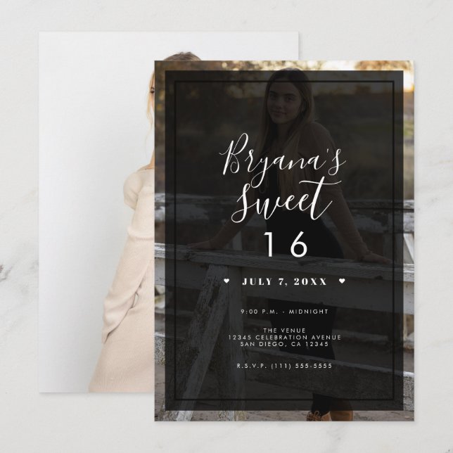 Dark Photo Tint Overlay Modern Minimal Sweet 16 Invitation (Front/Back)
