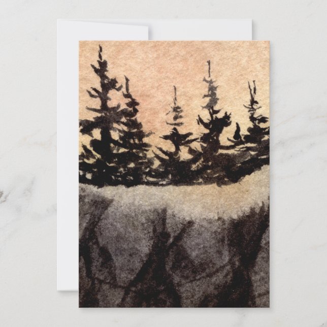 Dark pines on a cliff with a grayed pink sky art (Front)