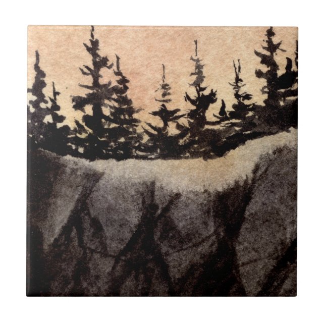 Dark pines on a rugged cliff with gray pink sky ceramic tile (Front)