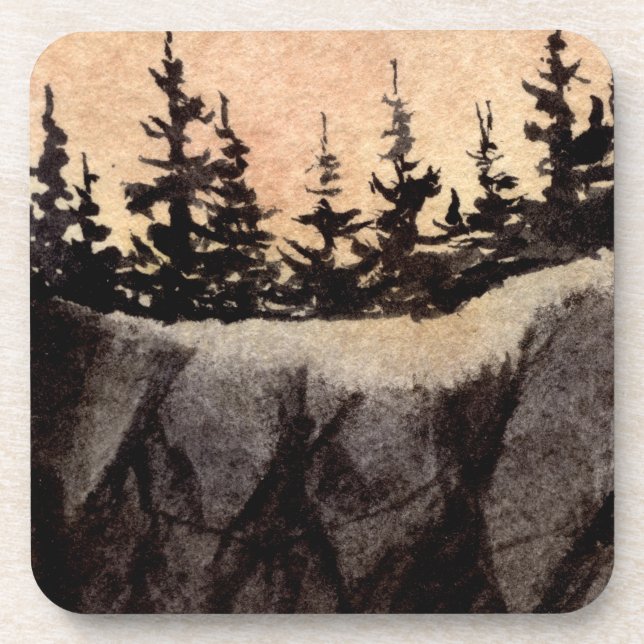 Dark pines on rugged cliff with grayed pink sky beverage coaster (Front)