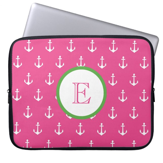 Dark Pink and Hunter Green Anchor Laptop Sleeve (Front)