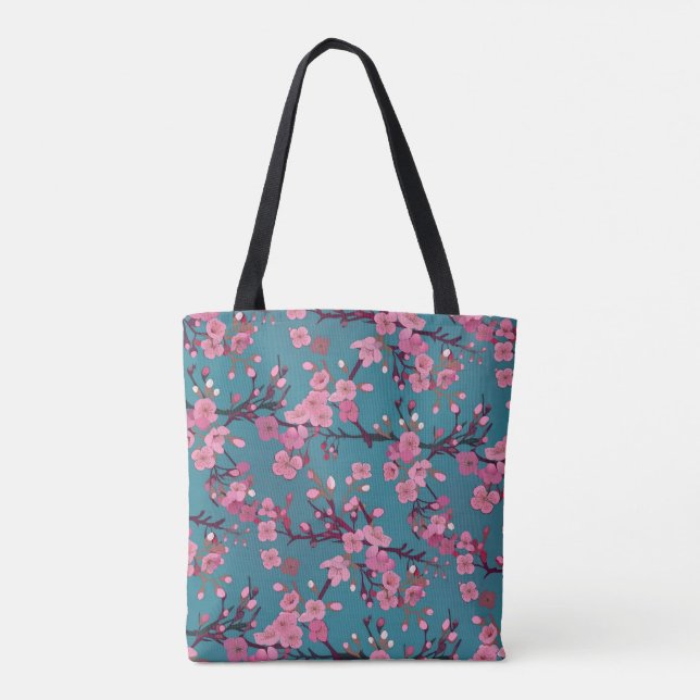 Dark Pink and Teal Blossom Pattern Tote Bag (Back)