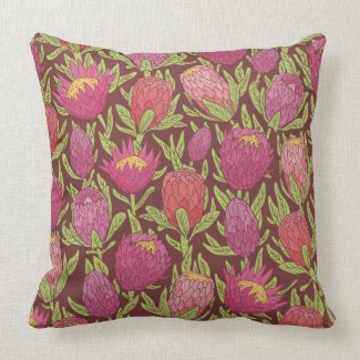 Dark Pink and Violet Proteas Tropica Throw Pillow