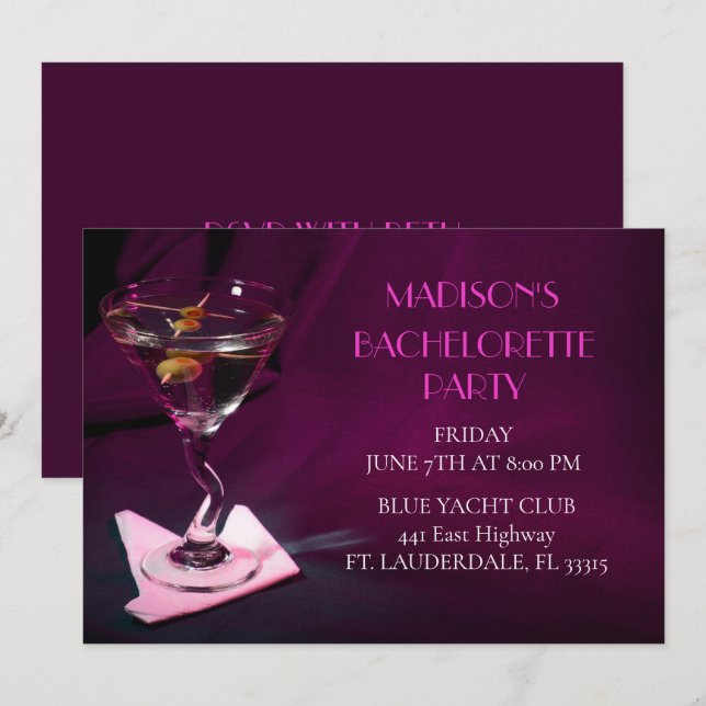 Dark Pink Bachelorette Martini Bridal Party Invitation (Front/Back)