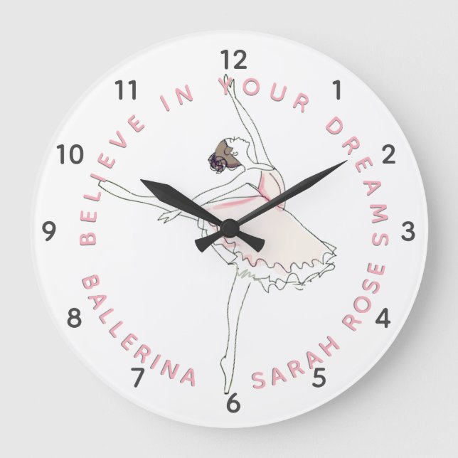 Dark Pink Ballerina Girl Personalized Name Clock (Front)