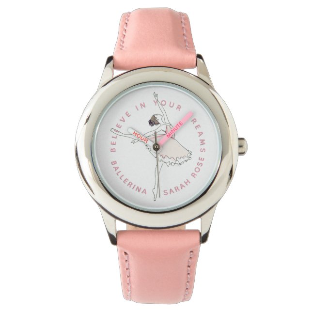 Dark Pink Ballerina Girl Personalized Name Dreams Watch (Front)
