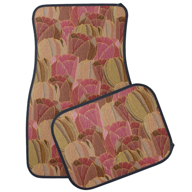 Dark Pink Beige Blooming Tulips Floral Pattern Car Floor Mat (Set)