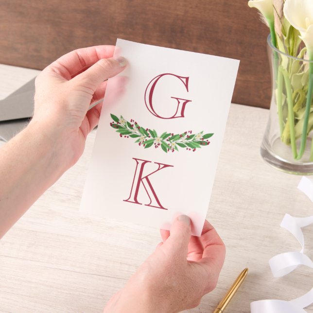 Dark Pink Berry Sprigs Monogram Wedding Overlay Vellum Invitations (Handheld)