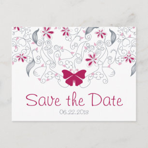 Dark Pink Butterfly Whimsy Save the Date Postcard
