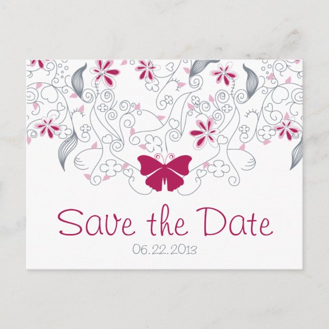 Dark Pink Butterfly Whimsy Save the Date Postcard (Front)