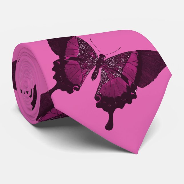 Dark pink butterfly with pink rose backround neck tie (Rolled)