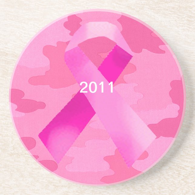 Dark Pink Camouflage Pink Ribbon Date Coaster (Front)