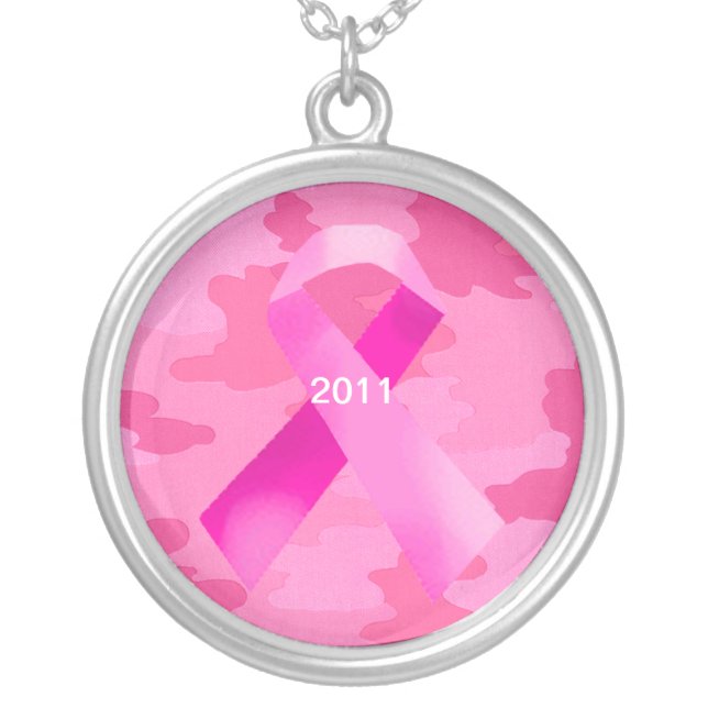 Dark Pink Camouflage Pink Ribbon Date Necklace (Front)