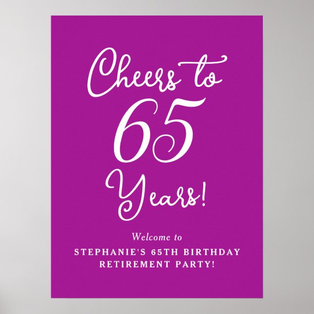Dark Pink Cheers to 65 Years Retirement Party Poster (Front)