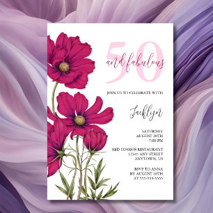 Dark Pink Cosmos Floral Greenery Birthday Invitation