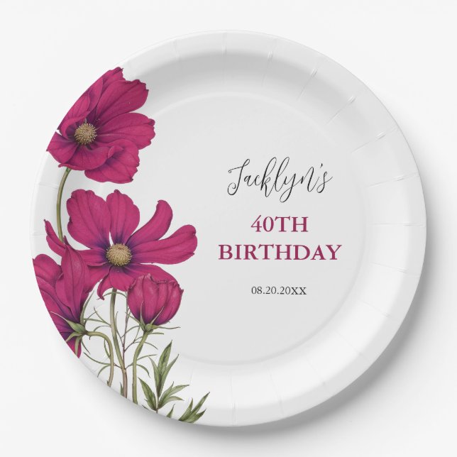 Dark Pink Cosmos Floral Greenery Birthday Paper Plates (Front)