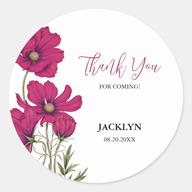 Dark Pink Cosmos Floral Thank You Birthday Classic Round Sticker (Front)