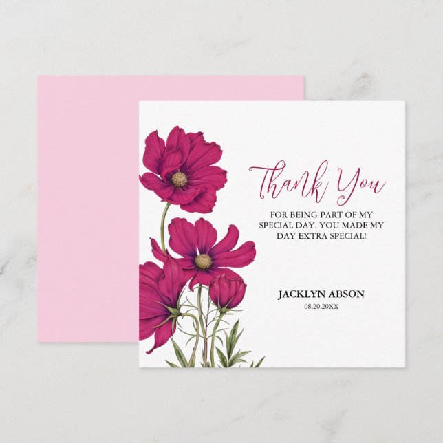 Dark Pink Cosmos Floral Thank You  Card (Front/Back)