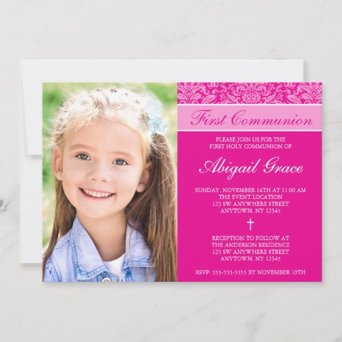 Dark Pink Damask Girl Photo First Communion Custom Invite