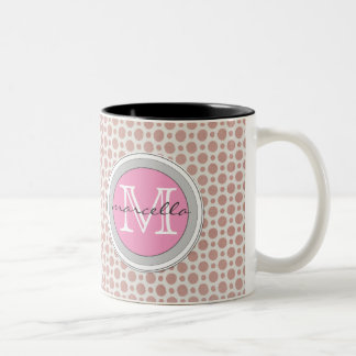 dark pink dots bright pink monogram Two-Tone coffee mug