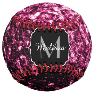 Dark pink faux glitter sparkle Monogram name Softball