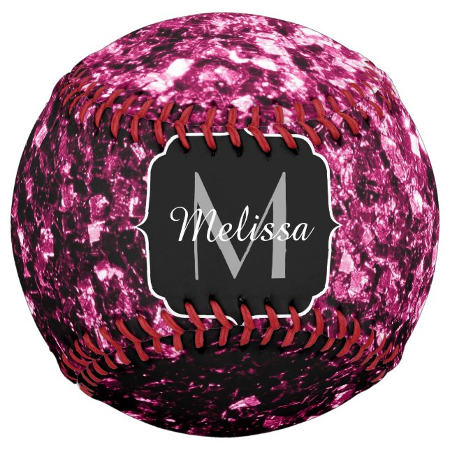Dark pink faux glitter sparkle Monogram name Softball (Front)