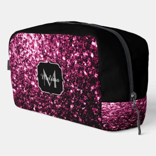 Dark pink faux glitter sparkles black Monogram Dopp Kit