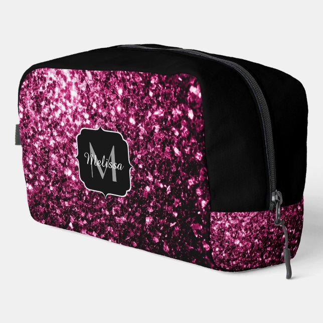 Dark pink faux glitter sparkles black Monogram Dopp Kit (Right Corner)