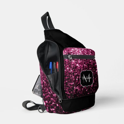 Dark pink faux glitter sparkles Black Monogram Sling Bag