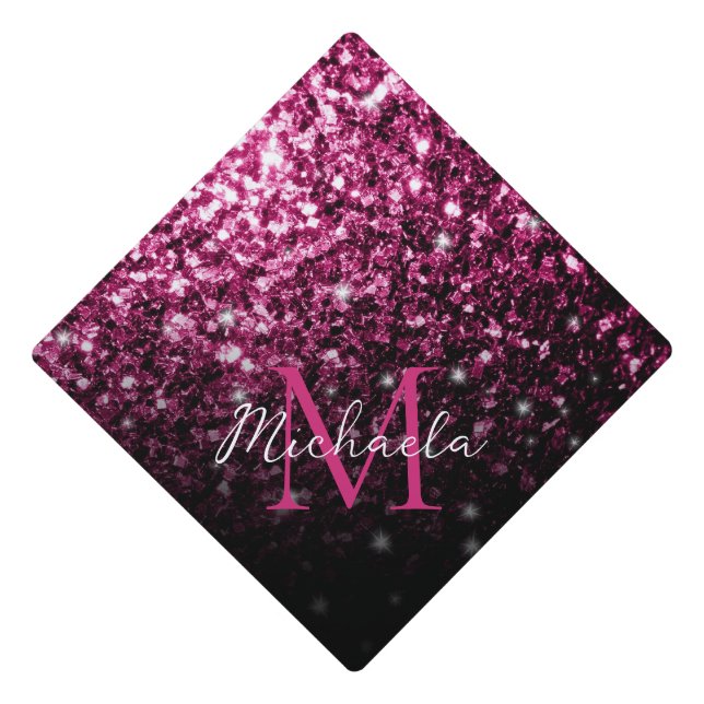 Dark Pink faux glitter sparkles bling Monogram Graduation Cap Topper (Front)