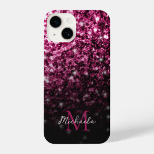 Dark Pink faux glitter sparkles bling Monogram iPhone 14 Case