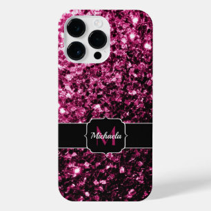 Dark Pink faux glitter sparkles bling Monogram iPhone 14 Pro Max Case