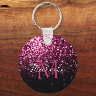 Dark Pink faux glitter sparkles bling Monogram Keychain